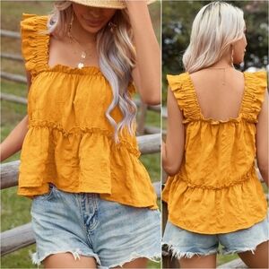 Emery Rose Peplum Tiered Ruffle Trim Square Neck Tank Top